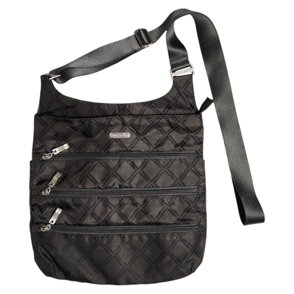 Baggallini 3 Front Pockets Crossbody Bag Black Travel Vacation Casual Zip Up